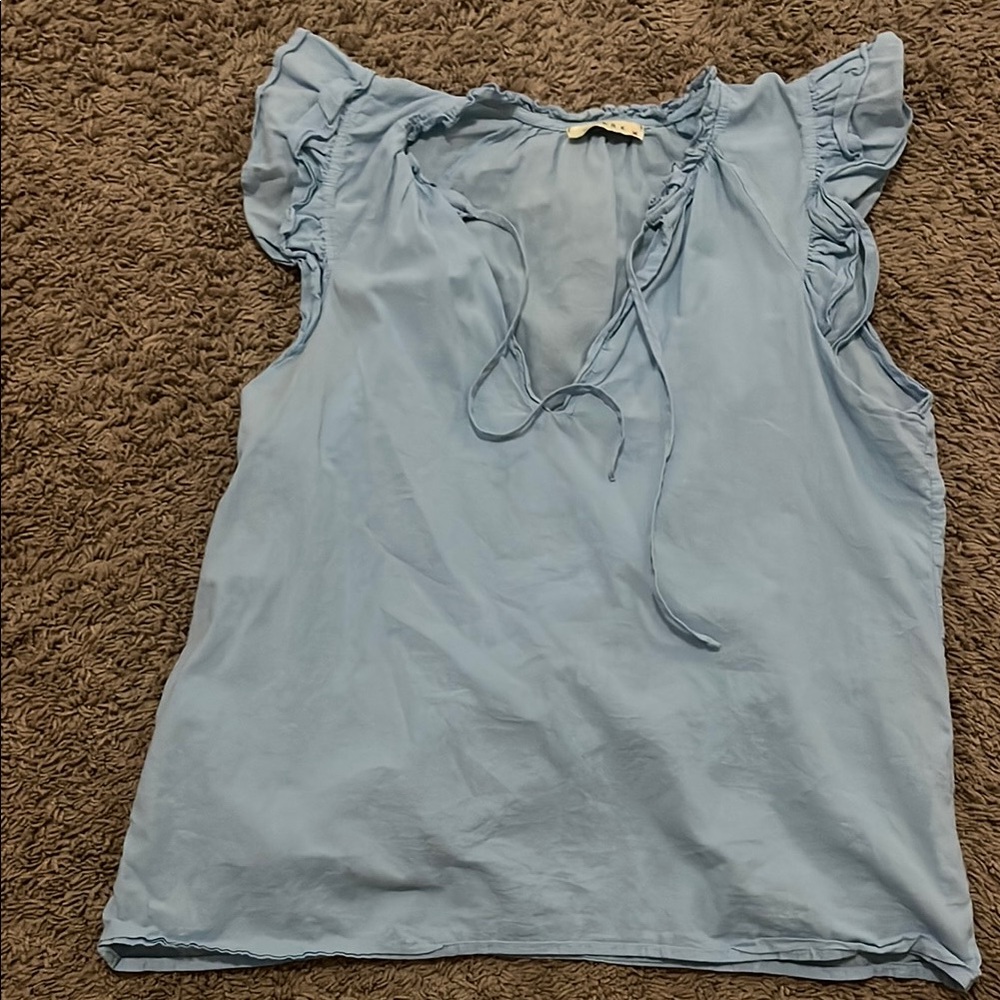 Blue Sleeveless Ruffled Tie Front Blouse
